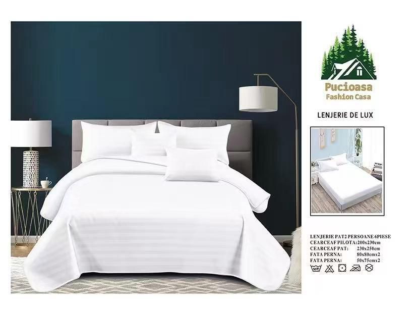 Lenjerie PREMIUM damasc bumbac 6 piese - ALB