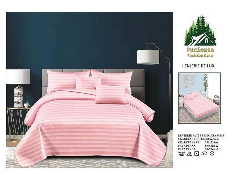 Lenjerie PREMIUM damasc bumbac 6 piese - ROZ DESCHIS