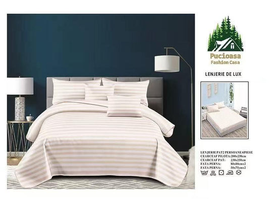 Lenjerie PREMIUM damasc bumbac 6 piese - CREM