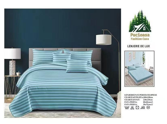 Lenjerie PREMIUM damasc bumbac 6 piese - BLUE