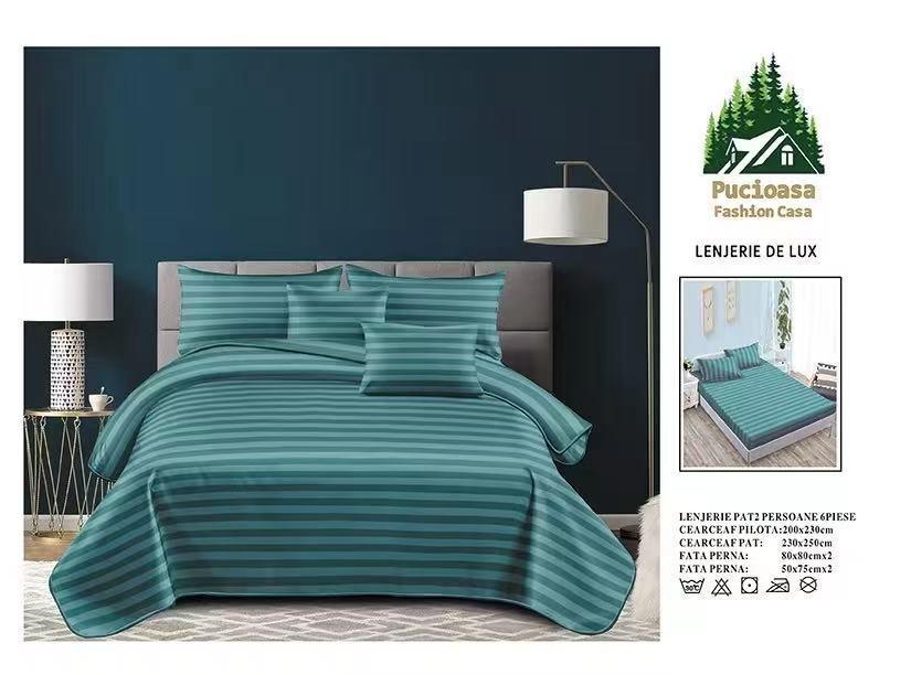 Lenjerie PREMIUM damasc bumbac 6 piese - VERDE INCHIS